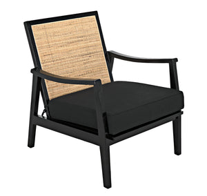Lichtenstein Sungkai and Mindi Wood Chair with Peeled Rattan Detailing in Charcoal Black with Black Cotton Upholstery