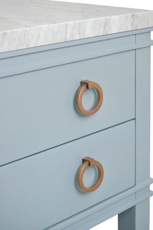 BATH VANITY IN MATTE LIGHT BLUE LACQUER WITH OPEN CANE SHELF, WHITE MARBLE TOP, AND PORCELAIN SINK