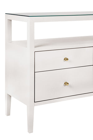 SIX DRAWER CONSOLE WITH OPEN SHELF IN TEXTURED WHITE LINEN WITH POLISHED BRASS KNOBS