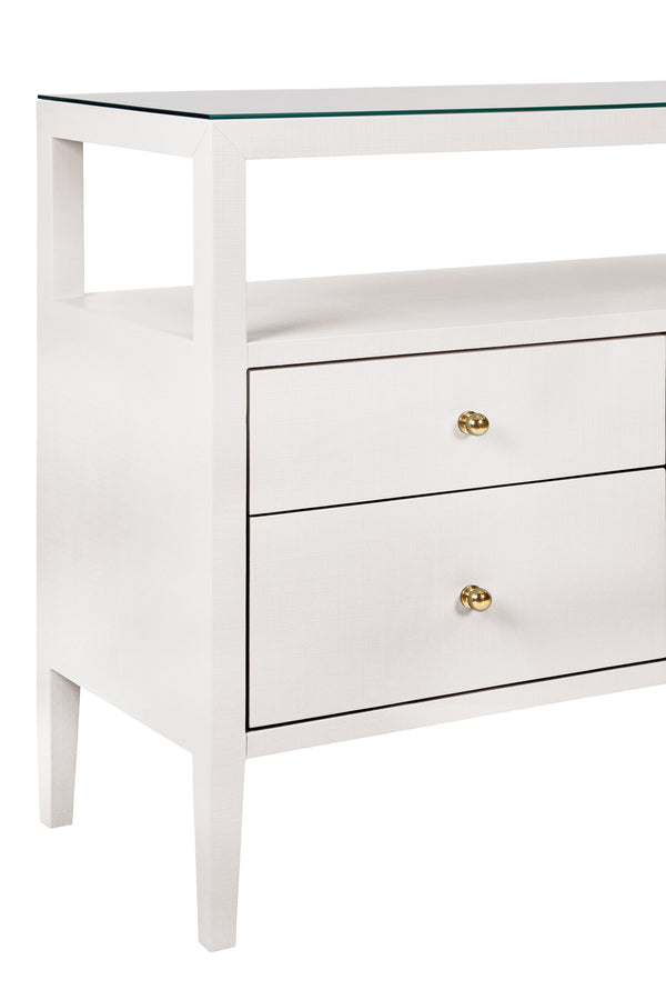 SIX DRAWER CONSOLE WITH OPEN SHELF IN TEXTURED WHITE LINEN WITH POLISHED BRASS KNOBS