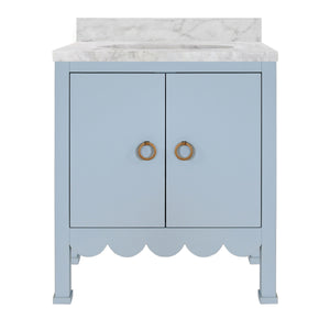 BATH VANITY WITH SCALLOP DETAIL IN MATTE LIGHT BLUE WITH WHITE MARBLE TOP AND PORCELAIN SINK
