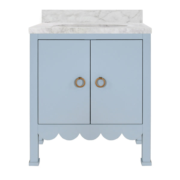 BATH VANITY WITH SCALLOP DETAIL IN MATTE LIGHT BLUE WITH WHITE MARBLE TOP AND PORCELAIN SINK