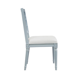 CORAL MOTIF BACK DINING CHAIR WITH WHITE LINEN SEAT IN MATTE LIGHT BLUE LACQUER
