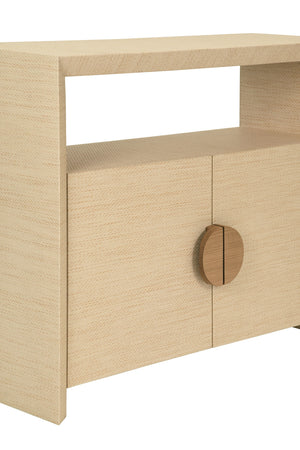 TWO DOOR CONSOLE WITH OPEN SHELF IN NATURAL GRASSCLOTH WITH CERUSED OAK HANDLES