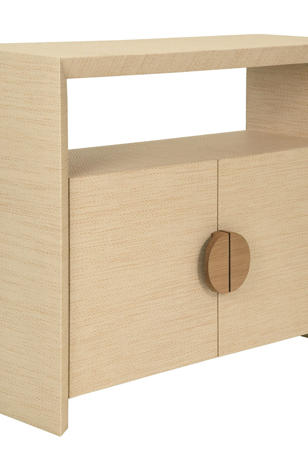 TWO DOOR CONSOLE WITH OPEN SHELF IN NATURAL GRASSCLOTH WITH CERUSED OAK HANDLES