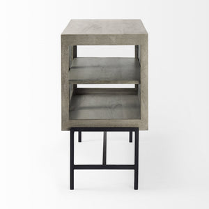 Arelius 36L x 18W x 32H Gray Wood, Black Metal Base w/ 2 Glass Doors Accent Cabinet