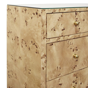 FOUR DRAWER CHEST IN BURL WOOD WITH GLASS TOP