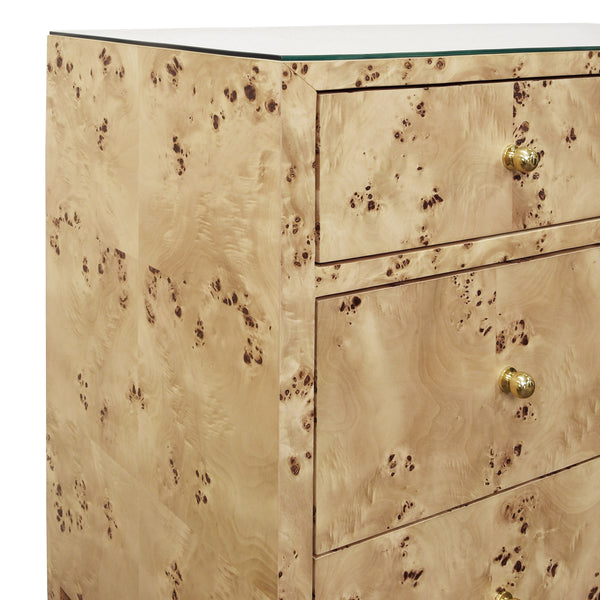 FOUR DRAWER CHEST IN BURL WOOD WITH GLASS TOP