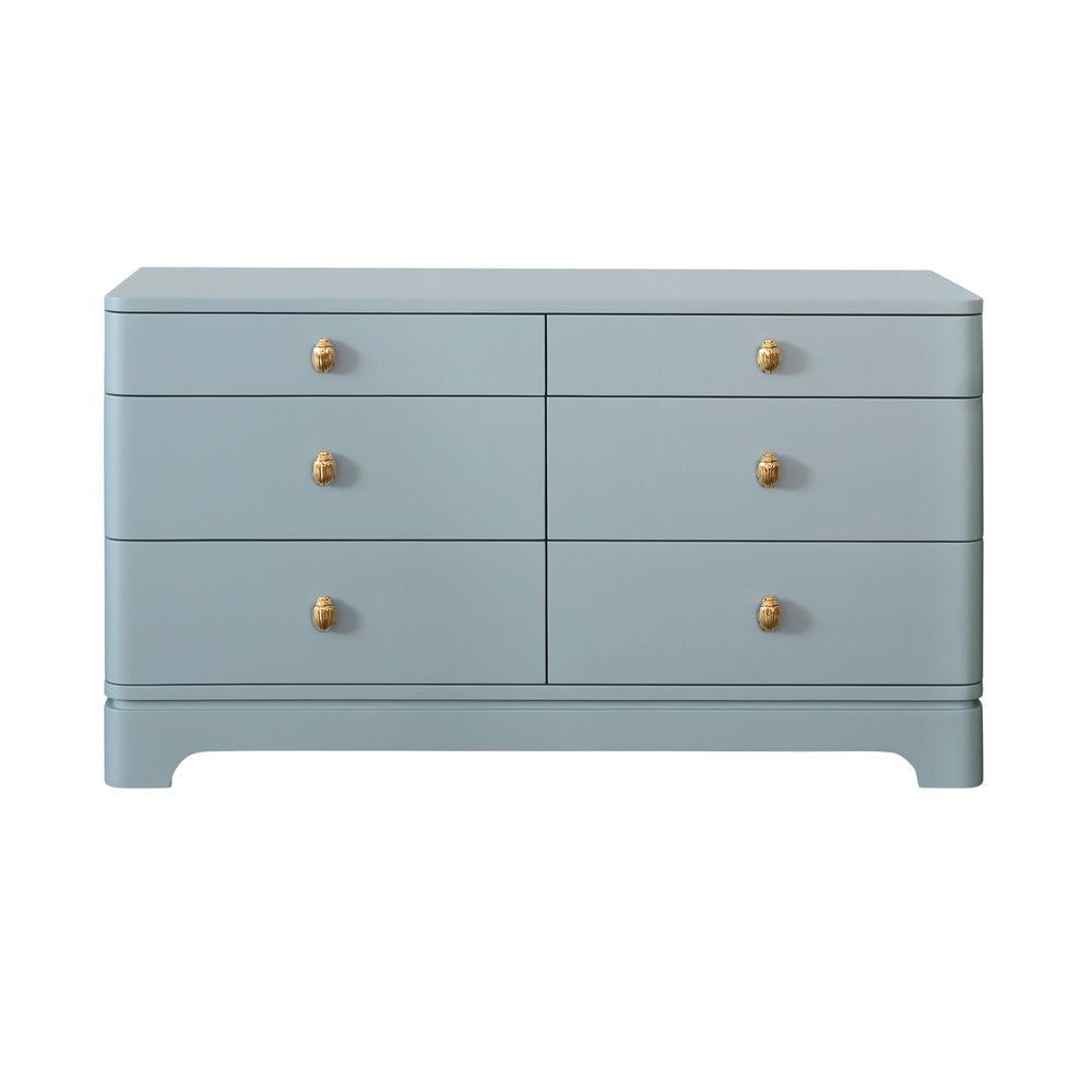 SIX DRAWER ROUNDED EDGE CHEST WITH BRASS BEETLE KNOB IN LIGHT BLUE MATTE LACQUER
