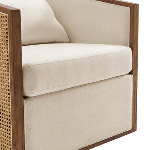 Marilyn Linen Swivel Accent Arm Chair w/ Rattan, Shortbread/Natural