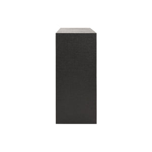 TWO DOOR CONSOLE WITH OPEN SHELF IN BLACK PAINTED GRASSCLOTH WITH BLACK OAK HANDLES