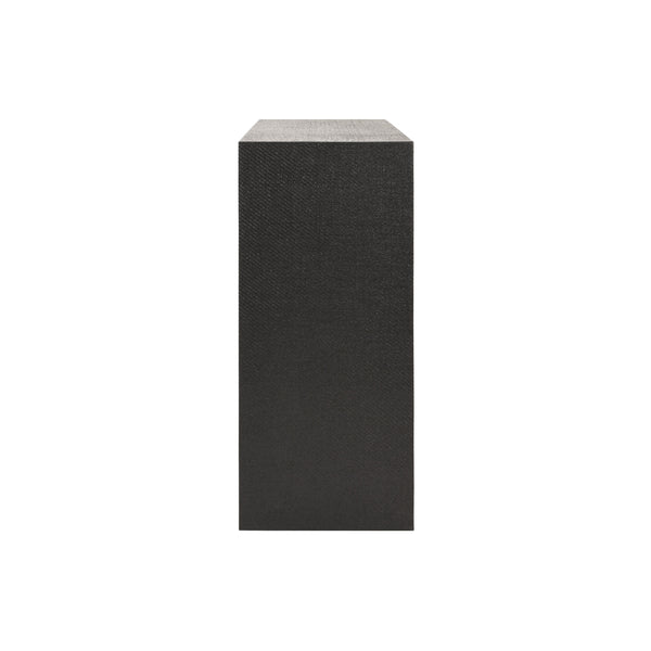 TWO DOOR CONSOLE WITH OPEN SHELF IN BLACK PAINTED GRASSCLOTH WITH BLACK OAK HANDLES