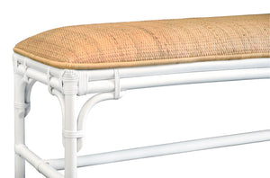 BENCH WITH NATURAL RATTAN CUSHION TOP AND RATTAN BASE IN PAINTED WHITE