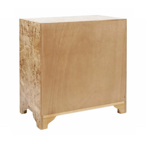 THREE DRAWER SIDE TABLE IN BURL WOOD WITH ACRYLIC HARDWARE