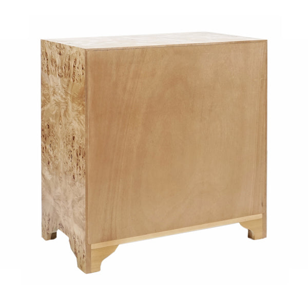 THREE DRAWER SIDE TABLE IN BURL WOOD WITH ACRYLIC HARDWARE