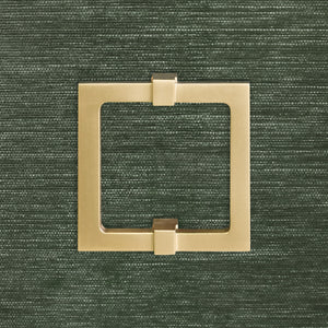 FOUR DOOR BUFFET WITH LARGE BRASS SQUARE HARDWARE IN GREEN DYED GRASSCLOTH