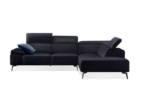CAMELLO Leather Sectional in black leather/blk PC legs w/full