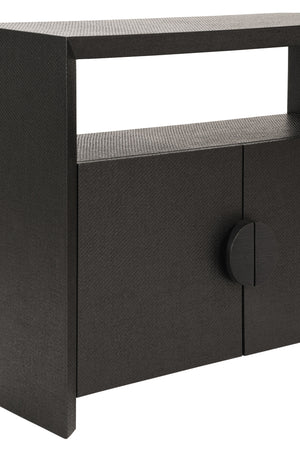 TWO DOOR CONSOLE WITH OPEN SHELF IN BLACK PAINTED GRASSCLOTH WITH BLACK OAK HANDLES