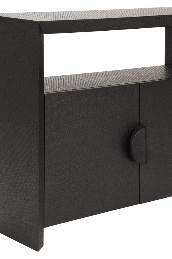 TWO DOOR CONSOLE WITH OPEN SHELF IN BLACK PAINTED GRASSCLOTH WITH BLACK OAK HANDLES