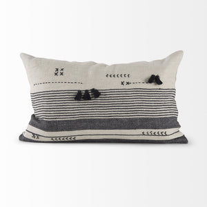Thalia 13L x 21W Black and Beige Fabric Striped and Fringed Decorative Pillow Cover