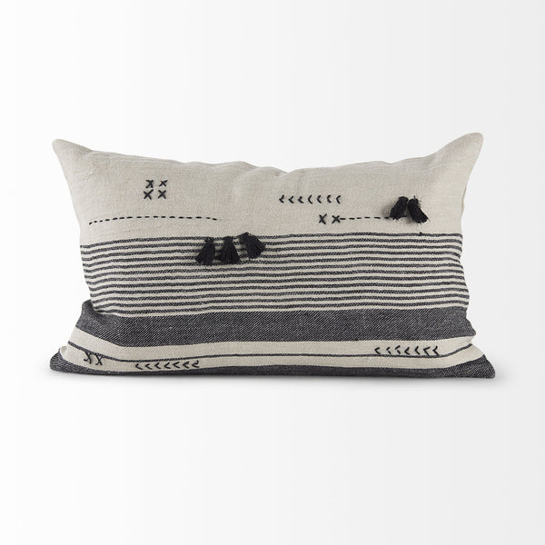 Thalia 13L x 21W Black and Beige Fabric Striped and Fringed Decorative Pillow Cover