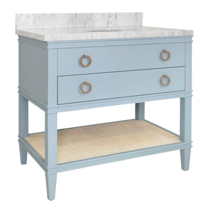 BATH VANITY IN MATTE LIGHT BLUE LACQUER WITH OPEN CANE SHELF, WHITE MARBLE TOP, AND PORCELAIN SINK