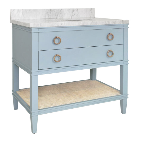 BATH VANITY IN MATTE LIGHT BLUE LACQUER WITH OPEN CANE SHELF, WHITE MARBLE TOP, AND PORCELAIN SINK