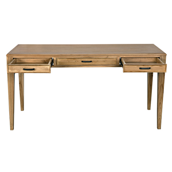 Ambrose Bleached Teak Desk with Brass Pulls and Clear Coat Finish