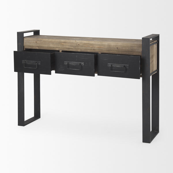 Carga 48L x 12W Black Metal Frame Brown Wooden Top Console Table W/Storage