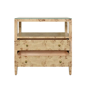 TWO DRAWER SIDE TABLE WITH OPEN TOP SHELF IN BURL WOOD WITH POLISHED BRASS KNOBS