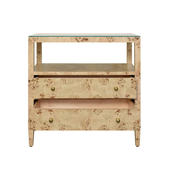 TWO DRAWER SIDE TABLE WITH OPEN TOP SHELF IN BURL WOOD WITH POLISHED BRASS KNOBS