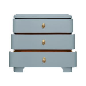 THREE DRAWER ROUNDED EDGE SIDE TABLE WITH BRASS BEETLE KNOB IN LIGHT BLUE MATTE LACQUER