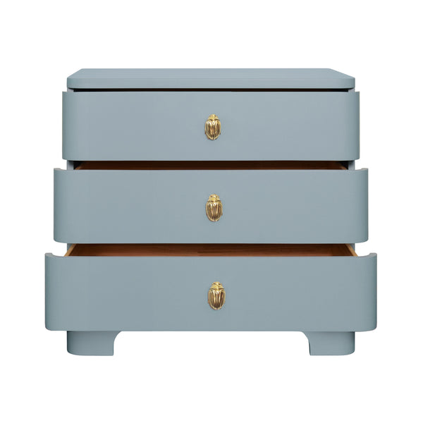 THREE DRAWER ROUNDED EDGE SIDE TABLE WITH BRASS BEETLE KNOB IN LIGHT BLUE MATTE LACQUER