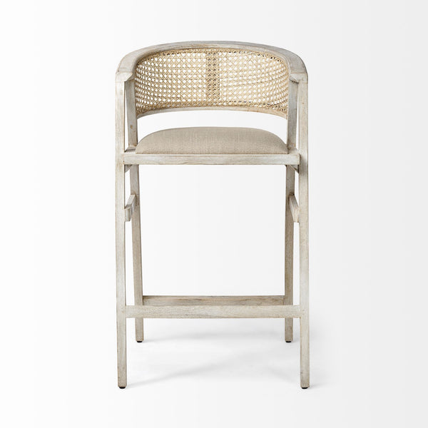 Tabitha 30.75" Seat Height Beige Fabric/Rattan Seat Blonde Wood Frame Bar Stool