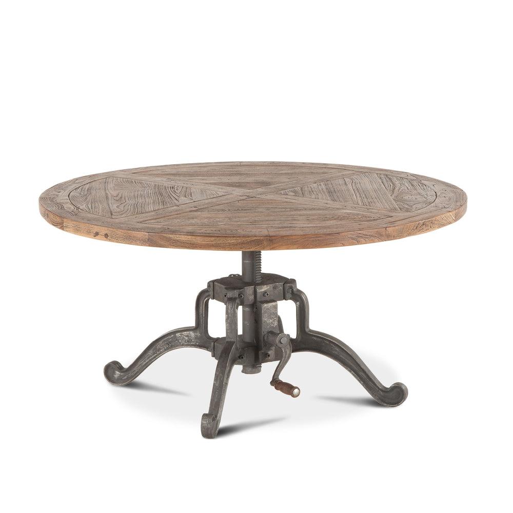 Industrial Loft 42-Inch Round Coffee Table with Reclaimed Teak Top and Adjustable Crank