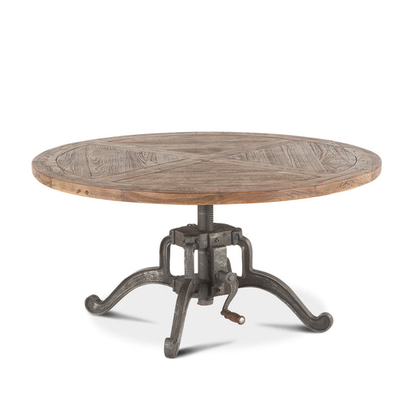 Industrial Loft 42-Inch Round Coffee Table with Reclaimed Teak Top and Adjustable Crank