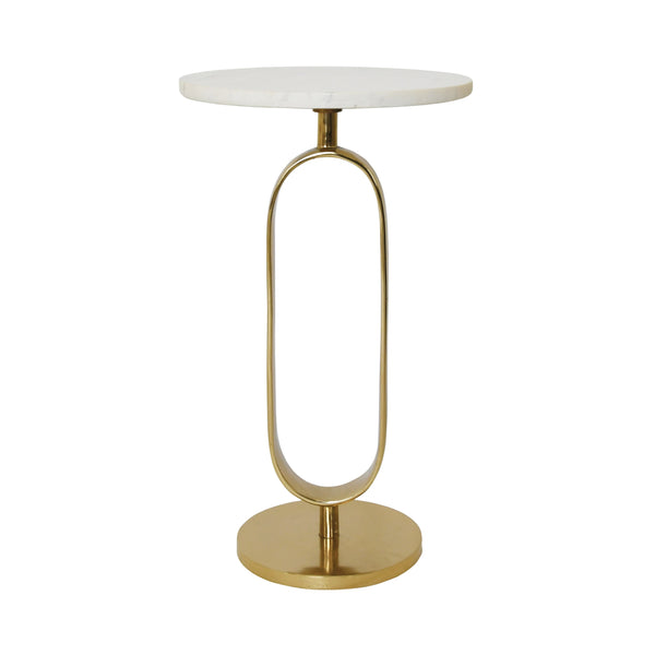 ROUND SIDE TABLE WITH BRASS RACETRACK DETAIL BASE AND WHITE MARBLE TOP