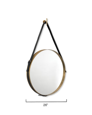 Round Steel Round Wall Mirror, Antique Brass and Black Leather Strap