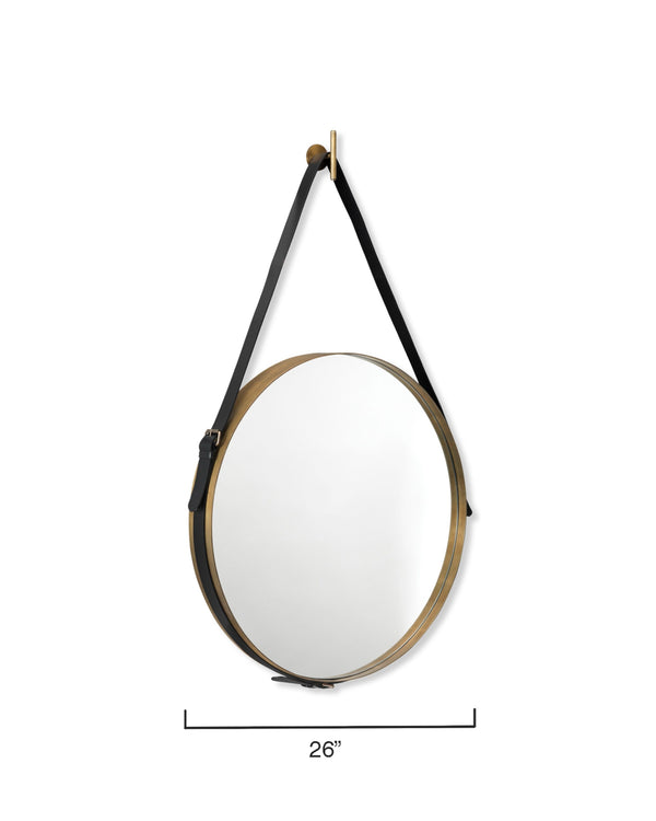 Round Steel Round Wall Mirror, Antique Brass and Black Leather Strap