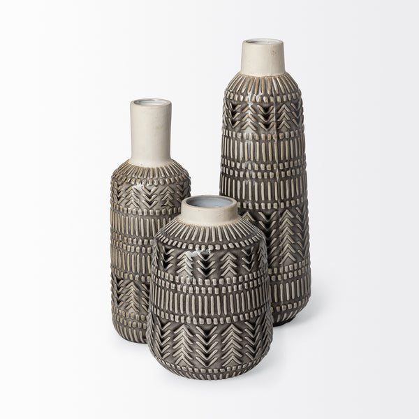 Riker III Large Dark Gray Cream Ceramic Vase