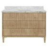 BATH VANITY WITH VERTICAL FLUTED DETAIL ON DRAWERS IN CERUSED OAK WITH WHITE MARBLE TOP, PORCELAIN SINK, AND POLISHED BRASS KNOBS, 48" WIDE