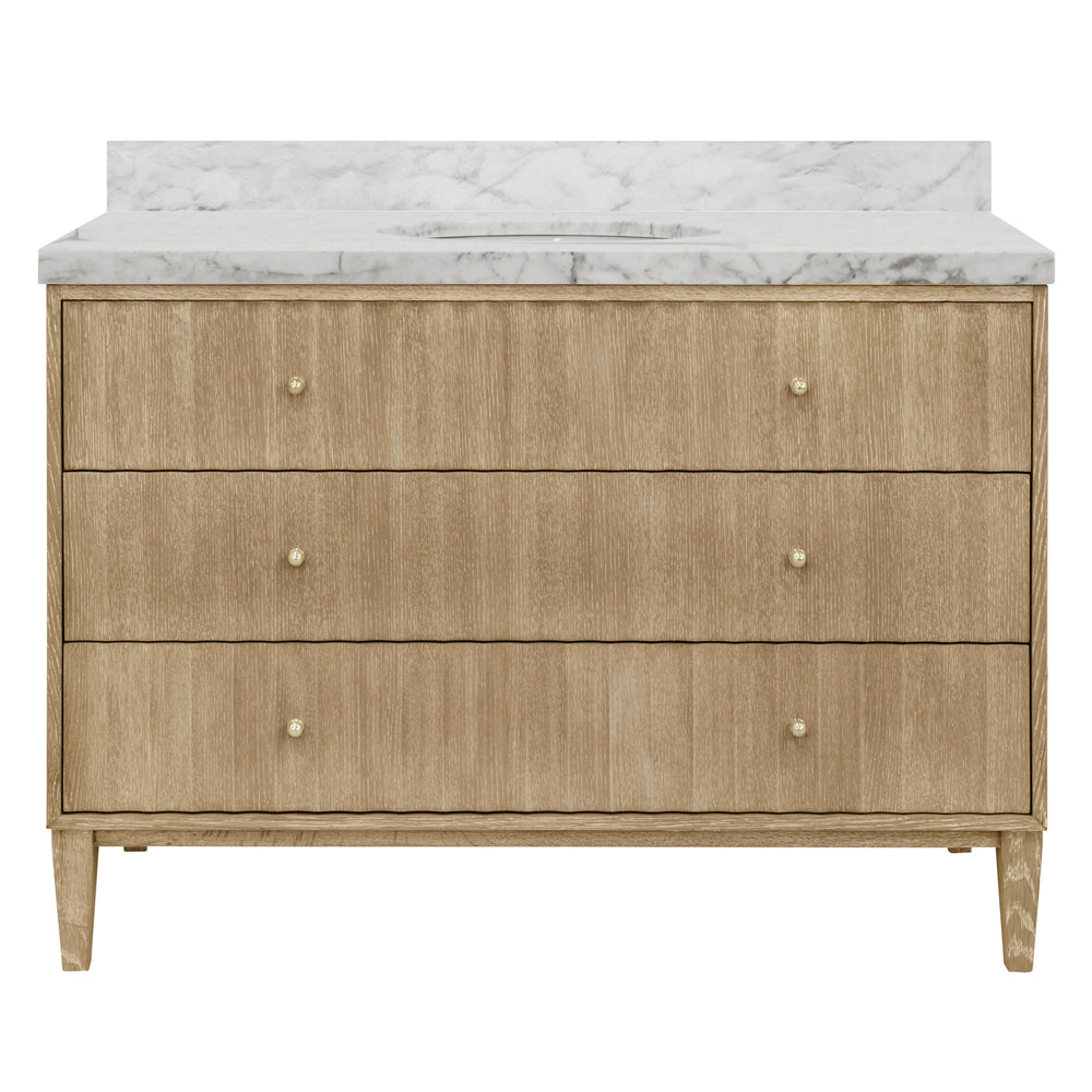 BATH VANITY WITH VERTICAL FLUTED DETAIL ON DRAWERS IN CERUSED OAK WITH WHITE MARBLE TOP, PORCELAIN SINK, AND POLISHED BRASS KNOBS, 48" WIDE