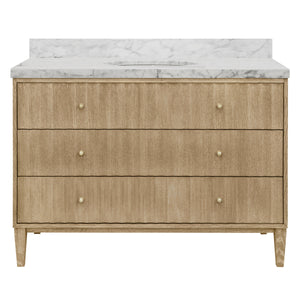 BATH VANITY WITH VERTICAL FLUTED DETAIL ON DRAWERS IN CERUSED OAK WITH WHITE MARBLE TOP, PORCELAIN SINK, AND POLISHED BRASS KNOBS, 48" WIDE