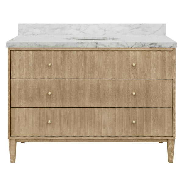BATH VANITY WITH VERTICAL FLUTED DETAIL ON DRAWERS IN CERUSED OAK WITH WHITE MARBLE TOP, PORCELAIN SINK, AND POLISHED BRASS KNOBS, 48" WIDE