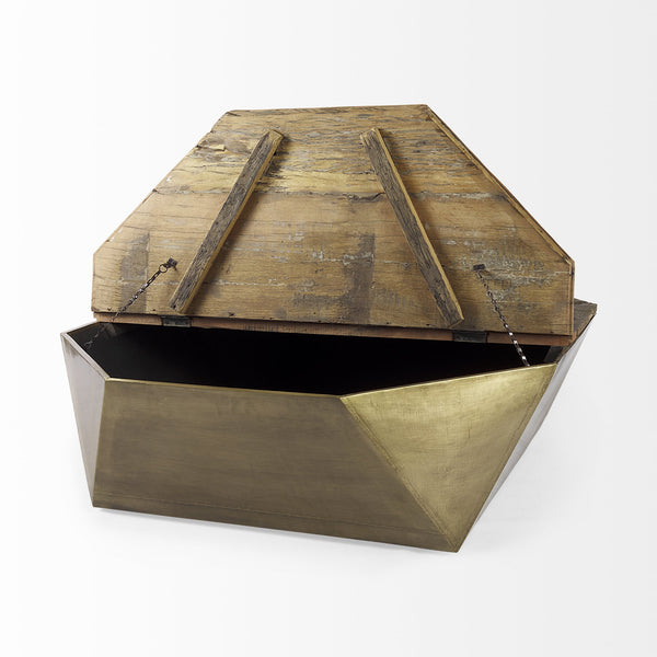 Esagono Octagonal Gold Metal-Clad Reclaimed Wood Coffee Table w/ Storage