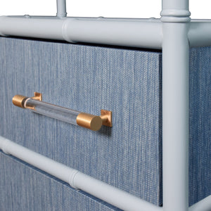 THREE DRAWER ETAGERE WITH BAMBOO DETAIL IN BLUE DYED GRASSCLOTH AND LIGHT BLUE MATTE LACQUER