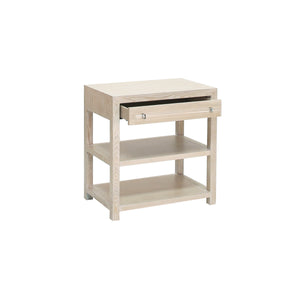 SIDE TABLE IN CERUSED OAK/INCLUDES BRASS & NICKEL HRDWR OPTIONS W ACRYLIC ROD