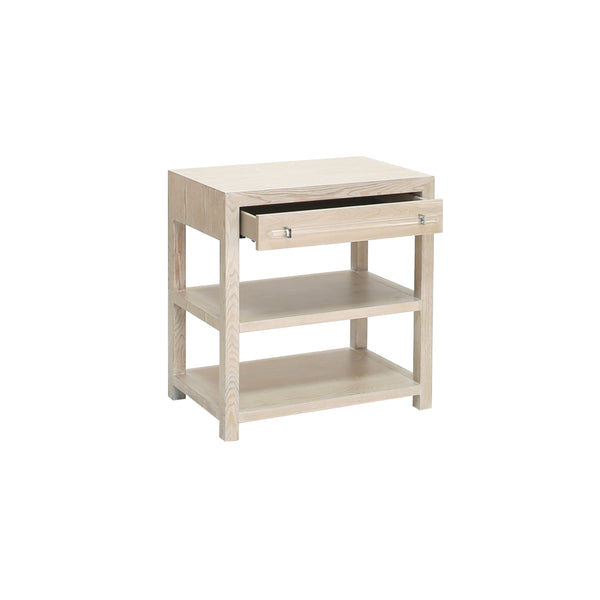 SIDE TABLE IN CERUSED OAK/INCLUDES BRASS & NICKEL HRDWR OPTIONS W ACRYLIC ROD