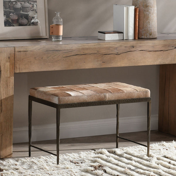Achen Hide Bench with Hammered Iron Frame - Canyon Sand