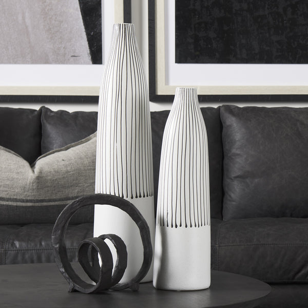 Kira I Small White Pinstripe Ceramic Vase